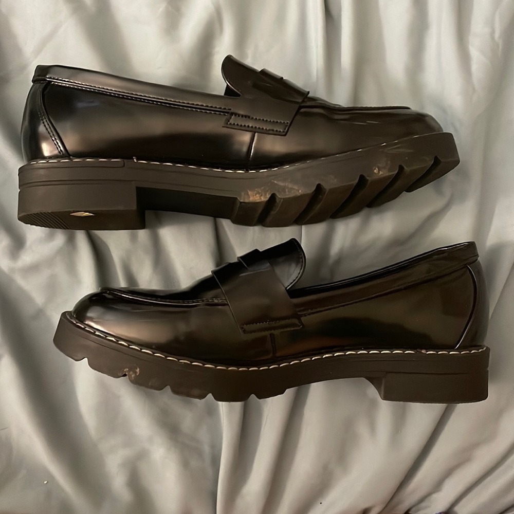 JustFab Black Patent Lug Sole Penny Loafers